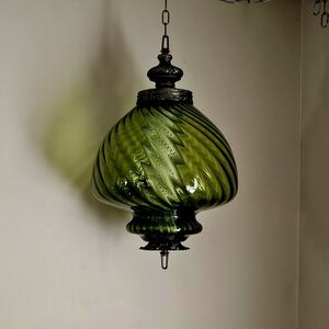 GREEN Mushroom SWIRLED Falkenstein Glass Hanging Light Swag Lamp Retro Plug-in